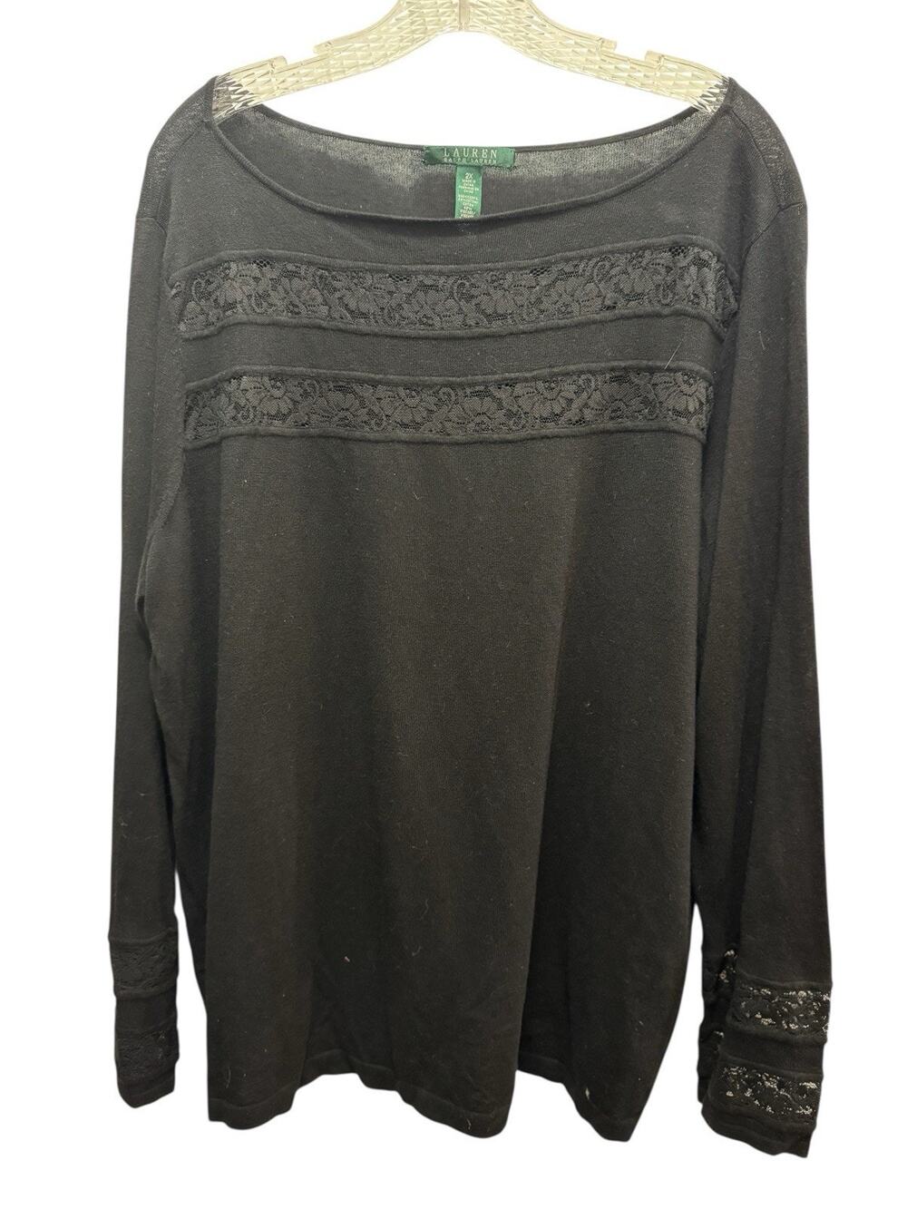 Lauren Ralph Lauren LRL Black Lightweight Knit Top Lace Details Chest Cuffs 2XL